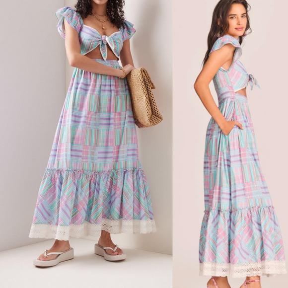 LoveShackFancy Emeka Plaid Cutout Maxi Dress Gingham Pastel Small Preowned - Picture 3 of 12